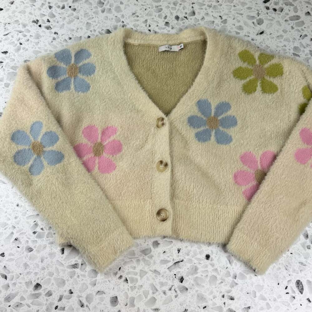 Lush Cream Multi Floral Cardigan Sweater Size S
